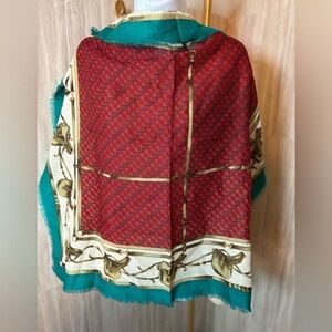 Michelle Stuart Equestrian Red and Teal Patterned Scarf 100% Wool Made in Japan